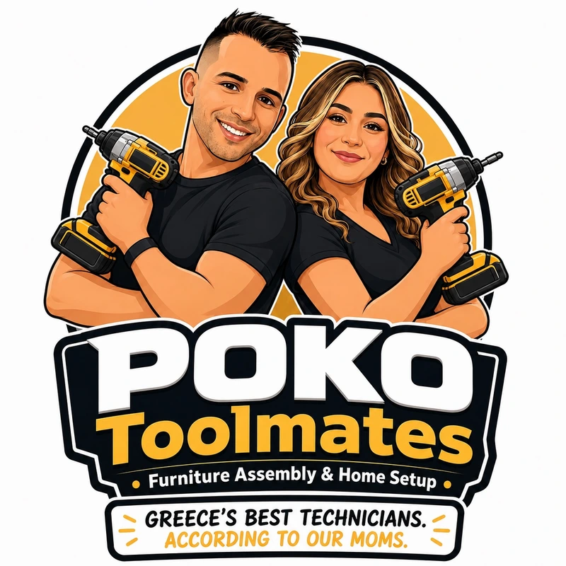 Λογότυπο POKO Toolmates: ο Κώστας και η Πόπη με τα εργαλεία τους. Furniture Assembly & Home Setup.