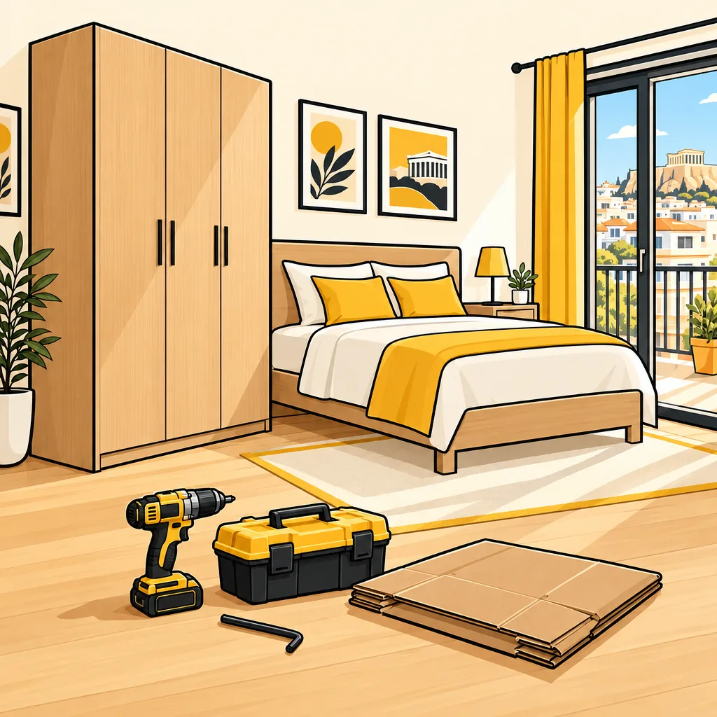 Illustration: bright bedroom with an assembled wardrobe and bed, a drill and POKO toolbox on the floor.