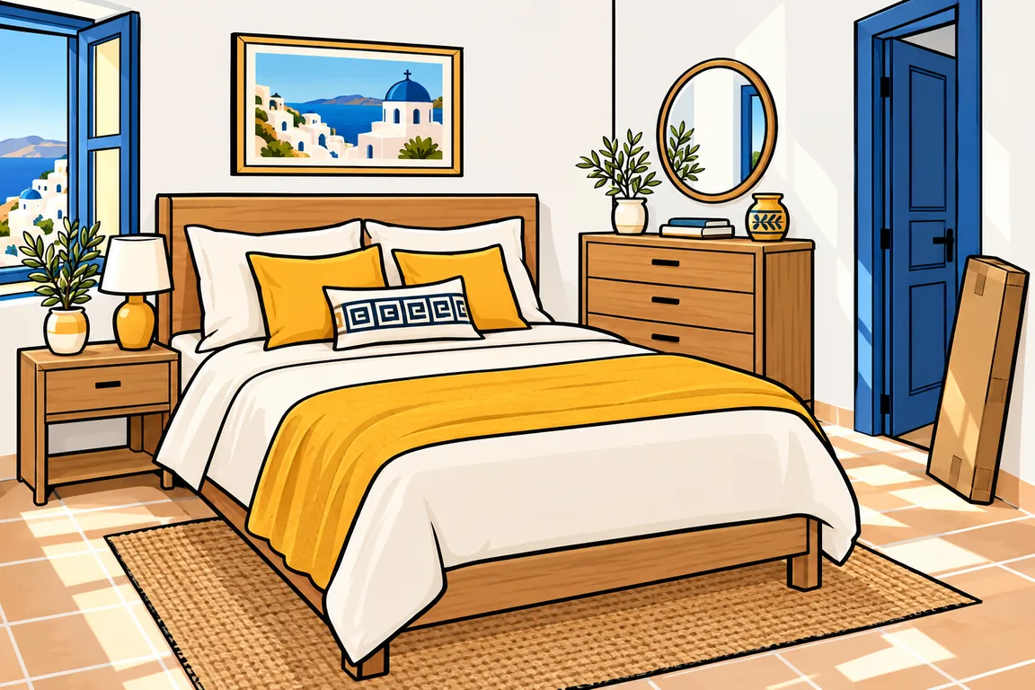 Illustration: a double bed and chest of drawers in a bright bedroom.