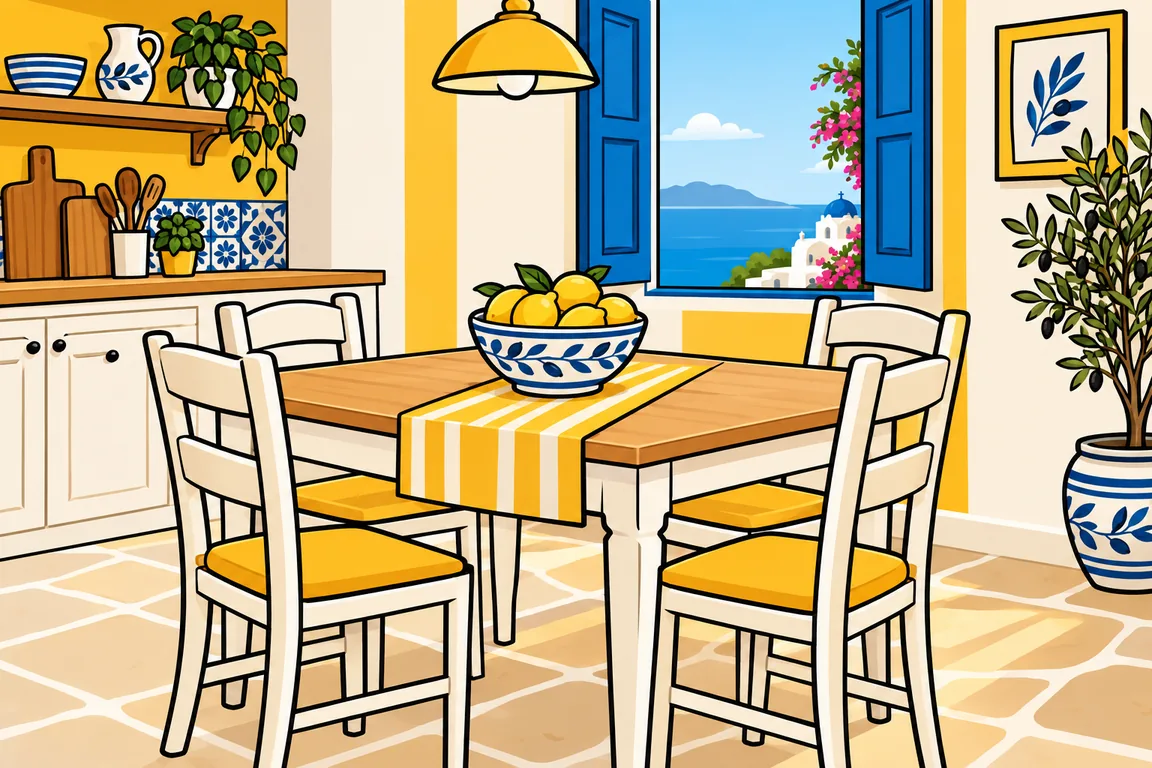 Illustration: a table with four chairs in a bright kitchen.