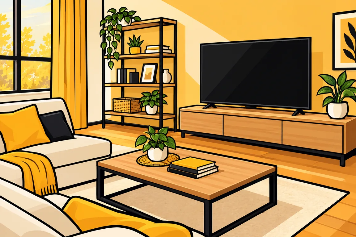 Illustration: a TV bench, coffee table and shelving in a living room.