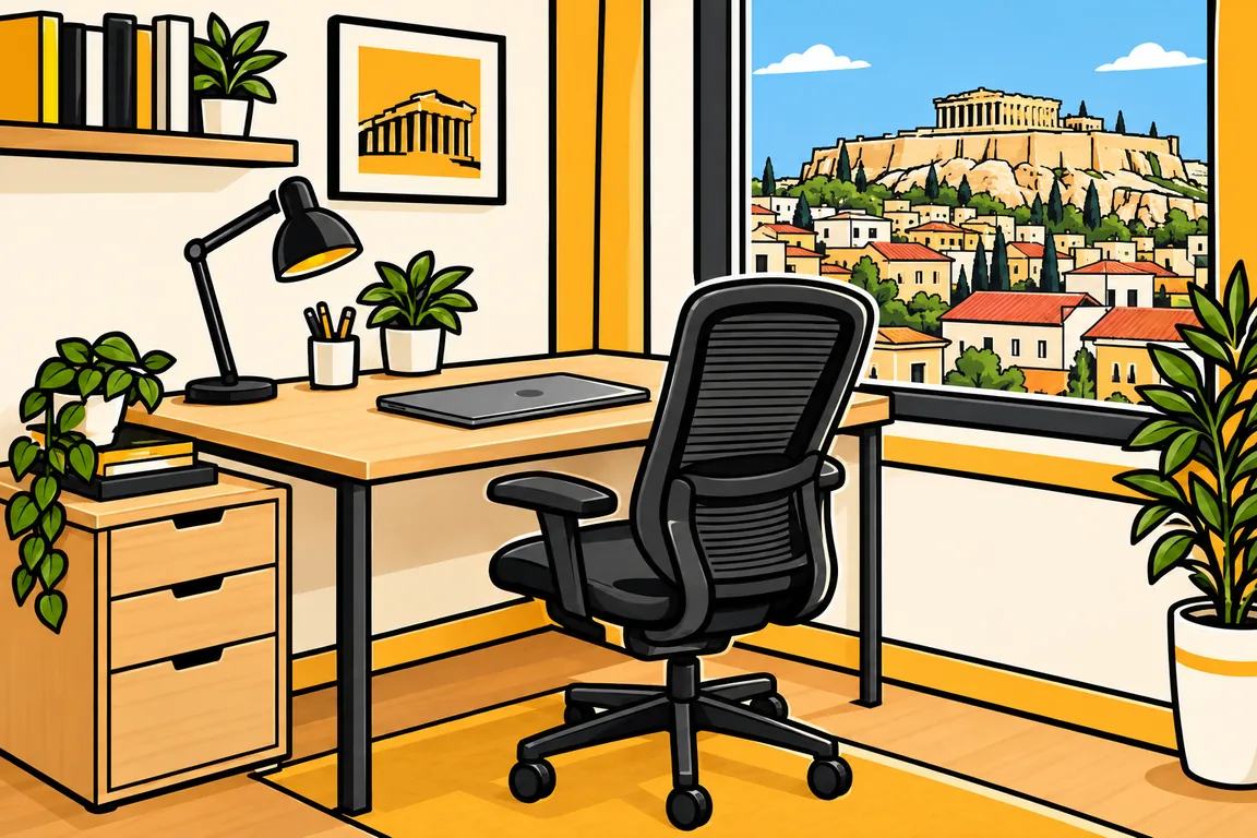 Illustration: a desk, office chair and drawer unit by a window.
