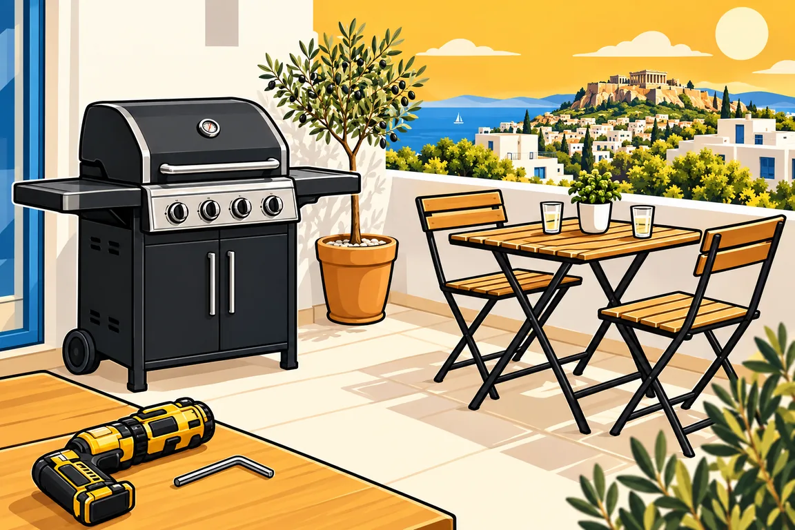 Illustration: an assembled BBQ grill and a garden table with two chairs on a terrace.