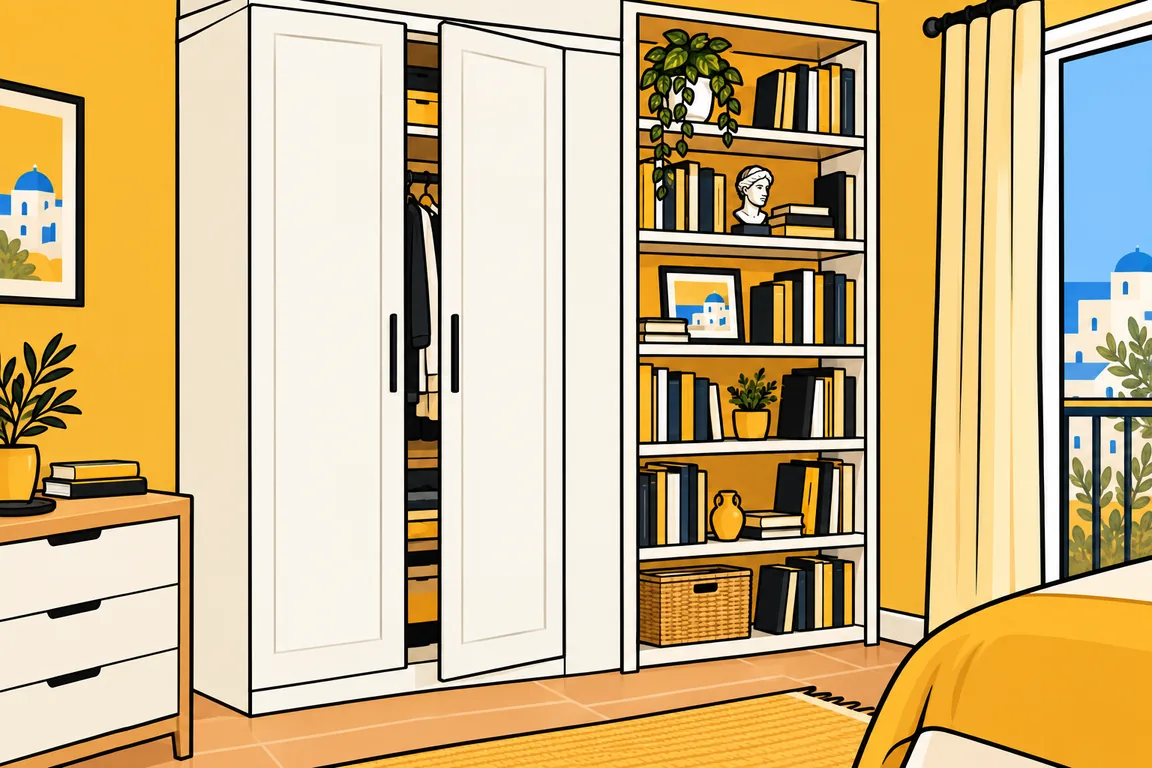 Illustration: a white two-door wardrobe and a bookcase.
